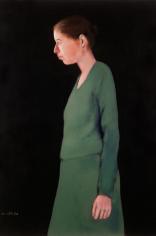 עומדת בפרופיל עם שמלה ירוקה, שמן על בד, 120/160, 2005