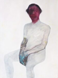 יושבת באדום לבן, שמן על דיקט, 120/160