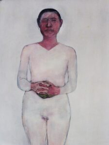 עומדת באדום ולבן, שמן על דיקט, 120/160