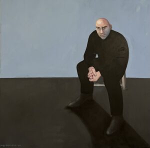 יושב על ספסל, שמן על בד, 120/120, 2025